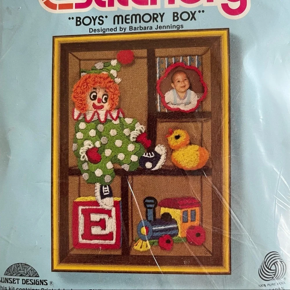 Vtg 1981 Sunset Designs Jiffy Stitchery Boys’ Memory Box Needlepoint Craft 727